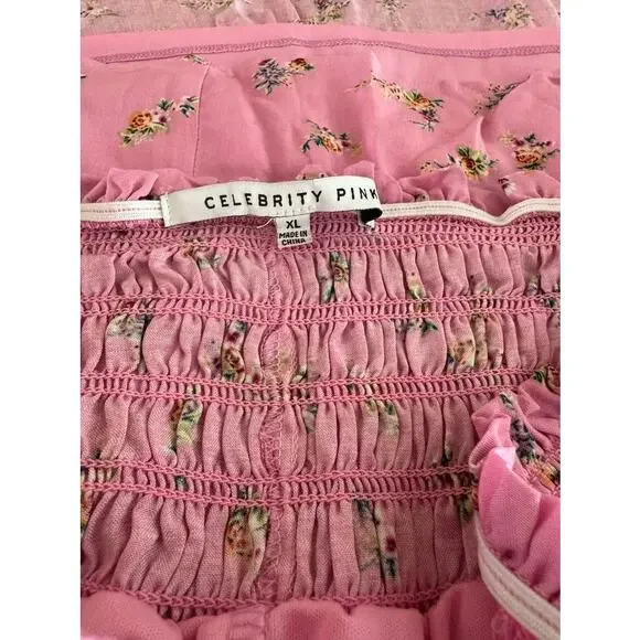 Celebrity Pink Floral Smocked Halter Top Pink Ruffle Stretch NWT XL - Picture 2 of 8